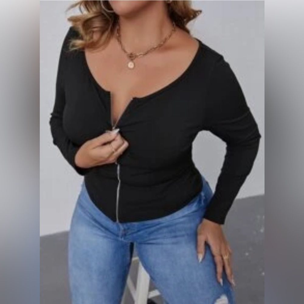 SHEIN Plus Zip Front Scoop Neck Top Black 2XL (16)